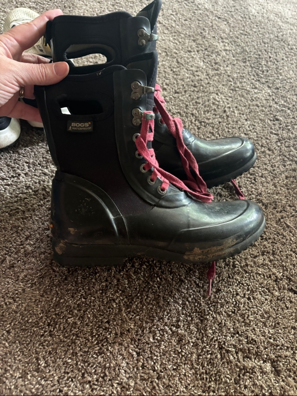 Bogs Black Combat Boots with Burgundy Laces - Picture 2 of 5